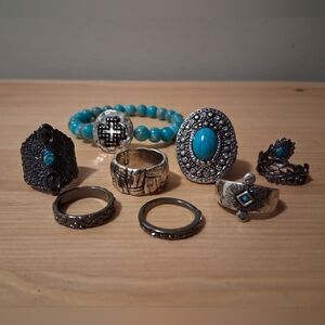 Turquoise Color and Silver Boho Ring Set - Women Jewelry